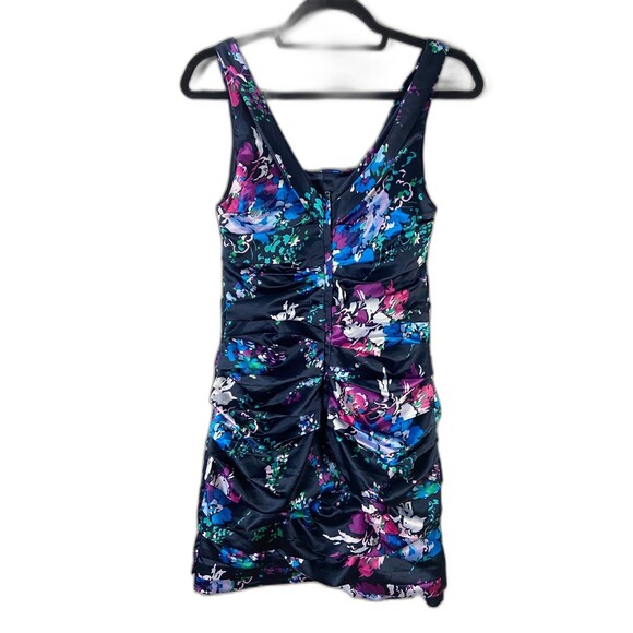 EXPRESS Dress Ruched Satin Navy Purple Floral Cocktail Dress 6 - Picture 4 of 9